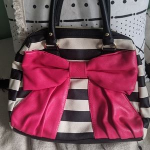 Betsey Johnson Black & White Striped Tote with Pink Bow